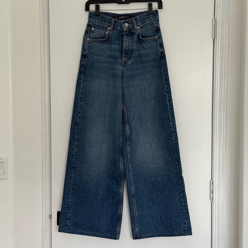 Mango High-Rise Wide Leg Jeans in Dark Blue Denim
